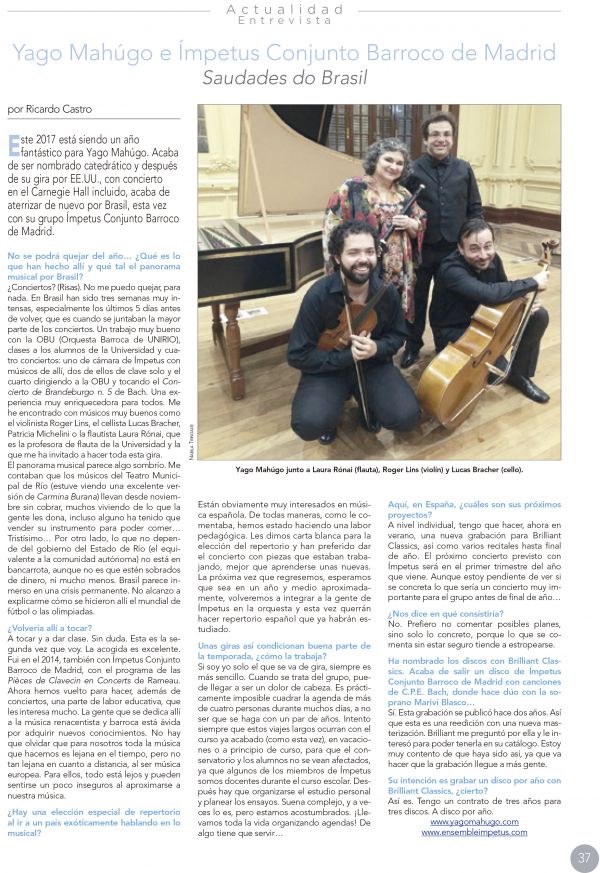 Saudades do brasil. Yago Mahúgo  e Ímpetus Conjunto Barroco de Madrid